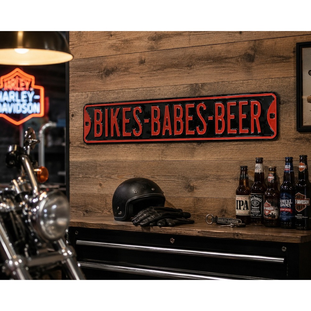 Vintage Bikes Babes Beer Embossed Metal License Plate Sign Man Biker Bar Decor